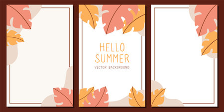 Vector templates with monstera leaves for web banners and stories. Autumn or summer banners with plantsのイラスト素材