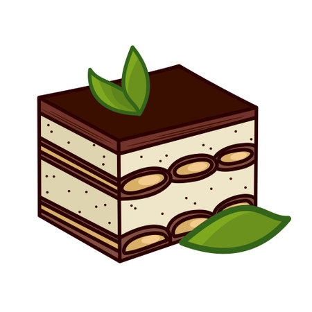 Tiramisu cake highlighted on a white background. A piece of cake with decor. Vector illustration.のイラスト素材