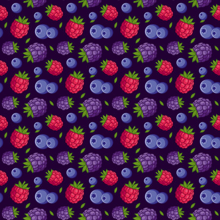 Seamless pattern with blackberries, raspberries, strawberries, leaves on a blue background. Ideal for textiles, summer decorations, wallpapers, healthy food menus.のイラスト素材