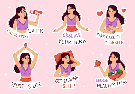 A set of stickers with a girl leading a healthy lifestyle. Stickers with a character. Vector flat illustrationのイラスト素材