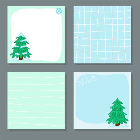 A set of winter pages for printing. A paper template for writing with a green spruce. Vector illustration of a winter spruce in the snowのイラスト素材