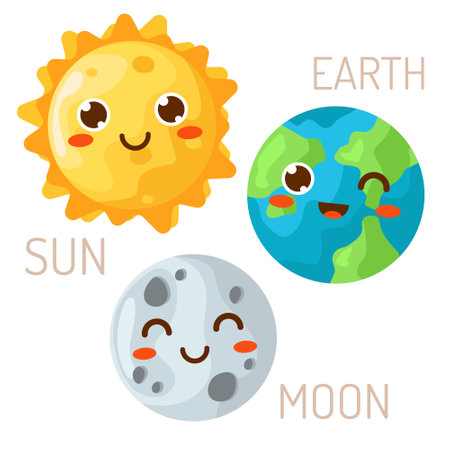 Vector illustration of the moon, sun and planet Earth in the style of kawaii for children. Isolated design elements for children. Stickers, labels, icons, infographics for childrenのイラスト素材