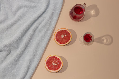 Summer scene with bright blue beach towel and fresh cold drink refreshment concept. Minimal flat lay.の写真素材