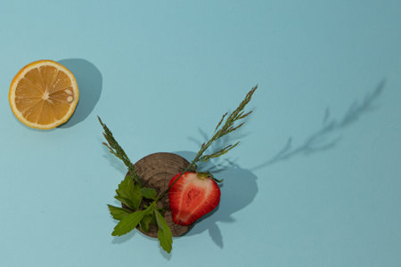 Strawberry on a piece of wood with leaves and lemon. Everything is on a light blue background.の写真素材