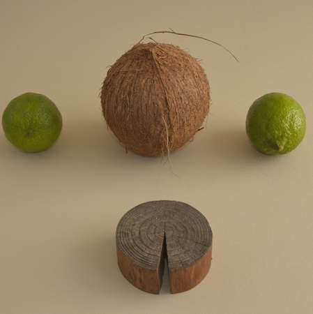 Coconut and two limes on beige background with a piece of wood . Minimal concept.の写真素材