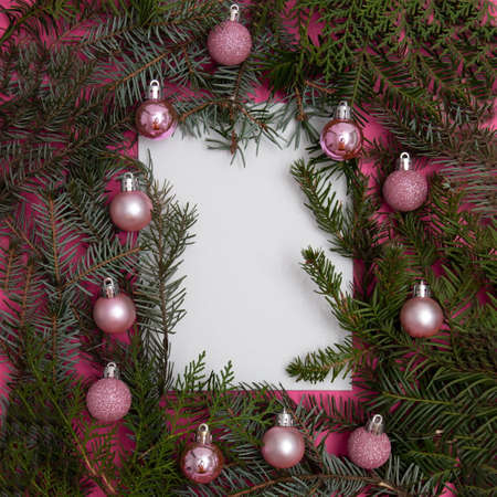 Evergreen trees with Christmas tree decorations on a pink background with copy space in white. Flat lay minimal scene.の写真素材