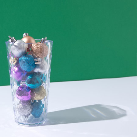 A drink made of colorful Christmas decorations on a white-green background. Minimalistic scene.の写真素材