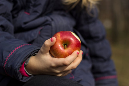 Child holds a bright apple while sitting outdoorsの写真素材