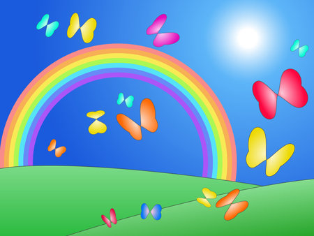 Hearts in form of butterflies flying over fields and rainbow. Love, Valentine concept.のイラスト素材