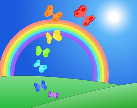 Hearts in form of butterflies and colors of raimbow flying over fields . Love, Valentine concept.のイラスト素材