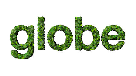 Word globe made from green leaves on gradient background.の写真素材