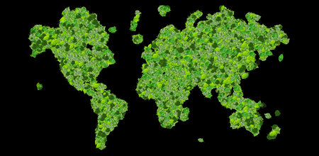 World map made from green leaves isolated on white background.