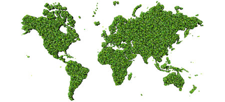 World map made from green leaves isolated on white background.