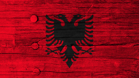 Flag of Albania, Albanian flag painted on woodの写真素材