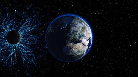 Planet Earth in space. Globe in galaxy.