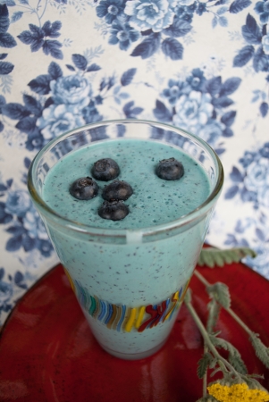 Blueberry, Yogurt, Honey, Protein Summer Smoothie against a blue flowered background and sitting on a red plate with blueberries on top の写真素材