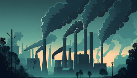 Factory polluting environment. Pollution of the environment. Vector style illustrationの素材
