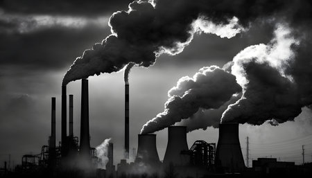 Black and white image of a power plant polluting the environment.の素材