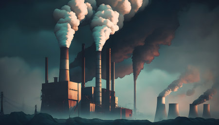 Industrial landscape with smoking chimneys. 3d render style illustration.の素材