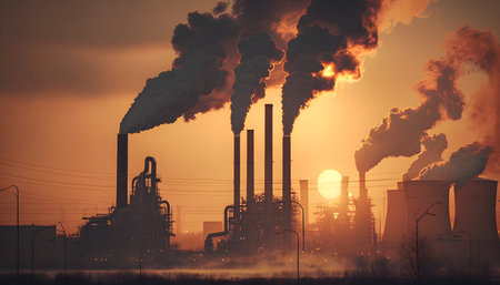 Industrial landscape with smoke from chimneys of power plant at sunsetの素材