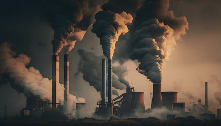 Industrial landscape with smoking chimneys. 3d render style illustration.の素材