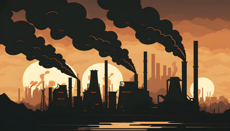 Industrial landscape with smokestacks in flat style. Vector style illustration.の素材