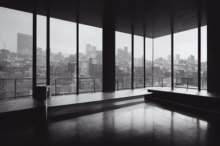 Empty room with panoramic window and city view.の素材