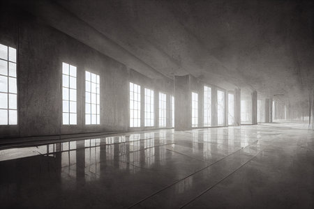 Empty room with large windows and concrete floor.  Backdrop.の素材