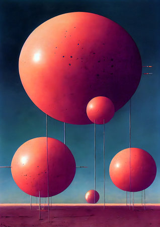 Group of red spheres on a blue background. Disturbing Art about facing fears and trauma.の素材