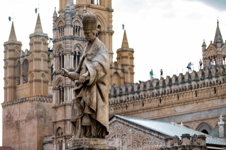 Close up of the statue of the Cathedral of Palermo Sicily Italy, in a beautiful summer day. Famous tourist destination in Sicily.の写真素材