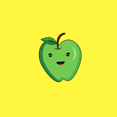 Cute happy smiling green apple character. Vector flat cartoon illustration icon design. Isolated on yellow background. Apple character conceptのイラスト素材