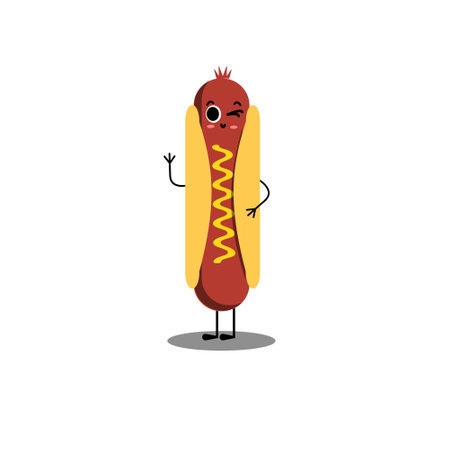 Hot dog. Cute fast food vector character . Hot dog. Cute fast food vector character. American Hot Dog. Happy Fast Food concept. Funny Emoticon. Smiley idea. Emoji cartoon design foのイラスト素材