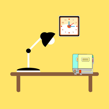 Flat vector illustration of a book on a table with clock on the wall, stationery and lamp. Concept of reading for exams, studying for exams, homework, student elements, learning, eのイラスト素材