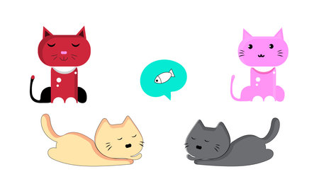 Vector illustration character cat sleeping. Cute kitty cat vector illustration set with different cat breeds, toys, and food. Draw doodle style.のイラスト素材