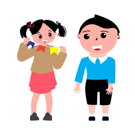 Cute children happy. flat design style minimal vector illustration. Kids with backpacks. Set of preschoolers children teenagers characters in different poses, clothes, wear. Childrのイラスト素材