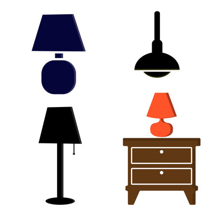 Furniture chandelier, floor and table lamp in flat cartoon style. A set of lamps on a white background. Chandeliers, illuminator, flashlight - elements of a modern interior. Vectorのイラスト素材