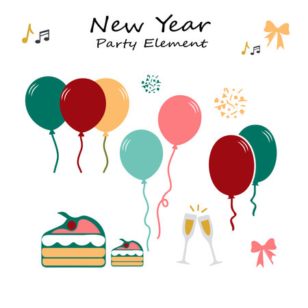 New Year Party Collections Icon. Hand drawn New Year Icon Set. New Year party celebration. New year stickers. Vector icon.のイラスト素材