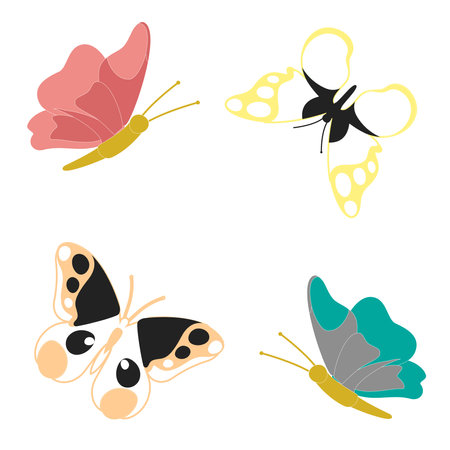 Set of butterflies of different colors and shapes isolated on white background. Beautiful flying insects. Vector illustration in cartoon flat style.のイラスト素材