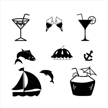 Travel, Holiday, Summer, and Tourism line icons set vector illustration. Beach, Sea, Passport, Sand, Travel, Kite, Umbrela, Summer, Vibes, Hot Sun, 10, Sunday. Pixel perfect. Editaのイラスト素材