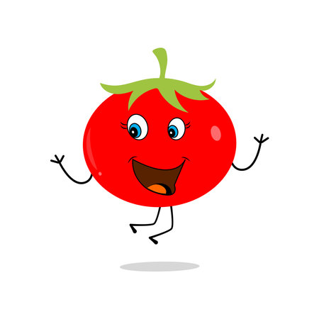 Tomato character design. Tomato vector. Cartoon mascot tomato smiling. Tomato on white background.のイラスト素材