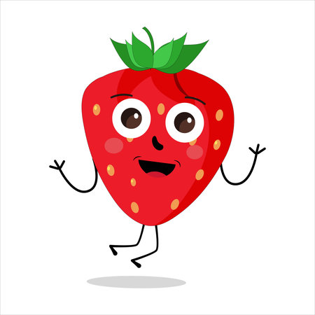 Strawberry Fruit Cartoon Mascot Character. Strawberry icon. Cute fruit vector character set isolated on white backround.のイラスト素材