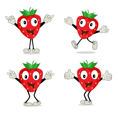 Strawberry Fruit Cartoon Mascot Character. Strawberry icon. Cute fruit vector character set isolated on white backround.のイラスト素材