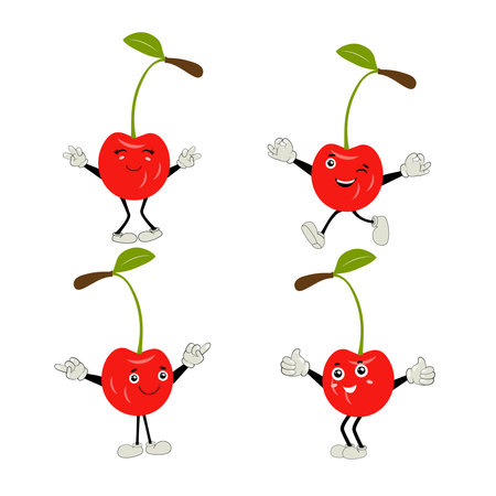 <p>Cherry cartoon vector illustration. Cute Cherry character,&nbsp;icon vector illustration. Character is cheerful with arms and legs. Set of fruits emoticon</p>のイラスト素材