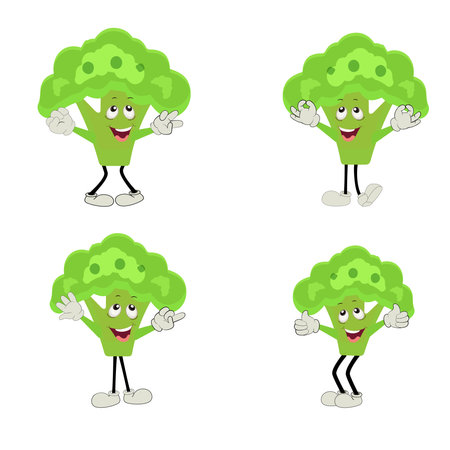 Broccoli mascot cartoon in vector. Cute happy smiling broccoli vegetable set collection. Vector flat cartoon character illustration icon design. content, happy, green smile, cheerfのイラスト素材