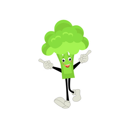 Broccoli mascot cartoon in vector. Cute happy smiling broccoli vegetable set collection. Vector flat cartoon character illustration icon design. content, happy, green smile, cheerfのイラスト素材