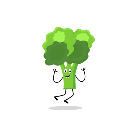 Broccoli mascot cartoon in vector. Cute happy smiling broccoli vegetable set collection. Vector flat cartoon character illustration icon design. content, happy, green smile, cheerfのイラスト素材