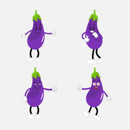 Cute eggplant character vector illustration. Flat eggplant cartoon character waving. Minimal purple eggplant fruit design for children books. Eggplant cartoon character.のイラスト素材