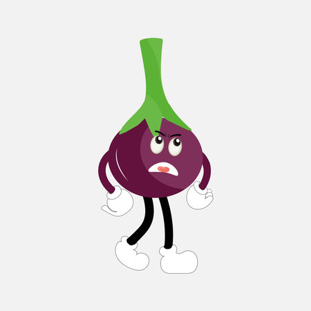 Cute eggplant character vector illustration. Flat eggplant cartoon character waving. Minimal purple eggplant fruit design for children books. Eggplant cartoon characterのイラスト素材