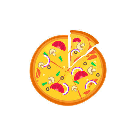 Pizza slice icon vector. Pizza slice with melted cheese. Slice of pepperoni pizza. Vector clip art illustration with simple gradients. Cartoon sticker in comic style with contour.のイラスト素材