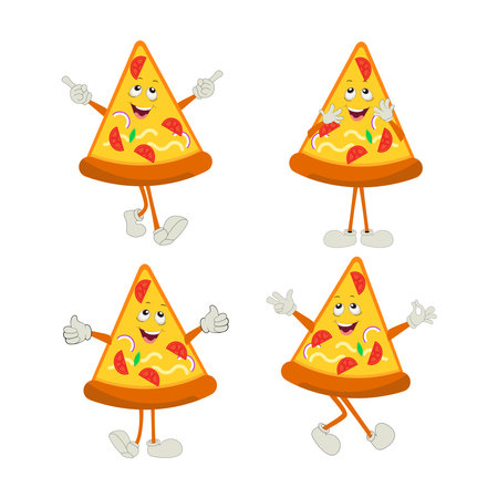 Pizza Cartoon Character, modern vector template set of mascot illustrations. Food Object Icon Concept Isolated Premium Vector.のイラスト素材